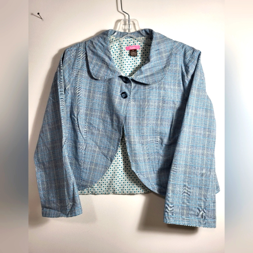 lola blue & white checked crop blazer women's XL #2068